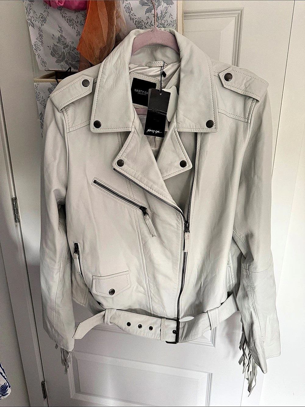 Nasty Gal Fringe soft leather Moto Jacket in White NWT